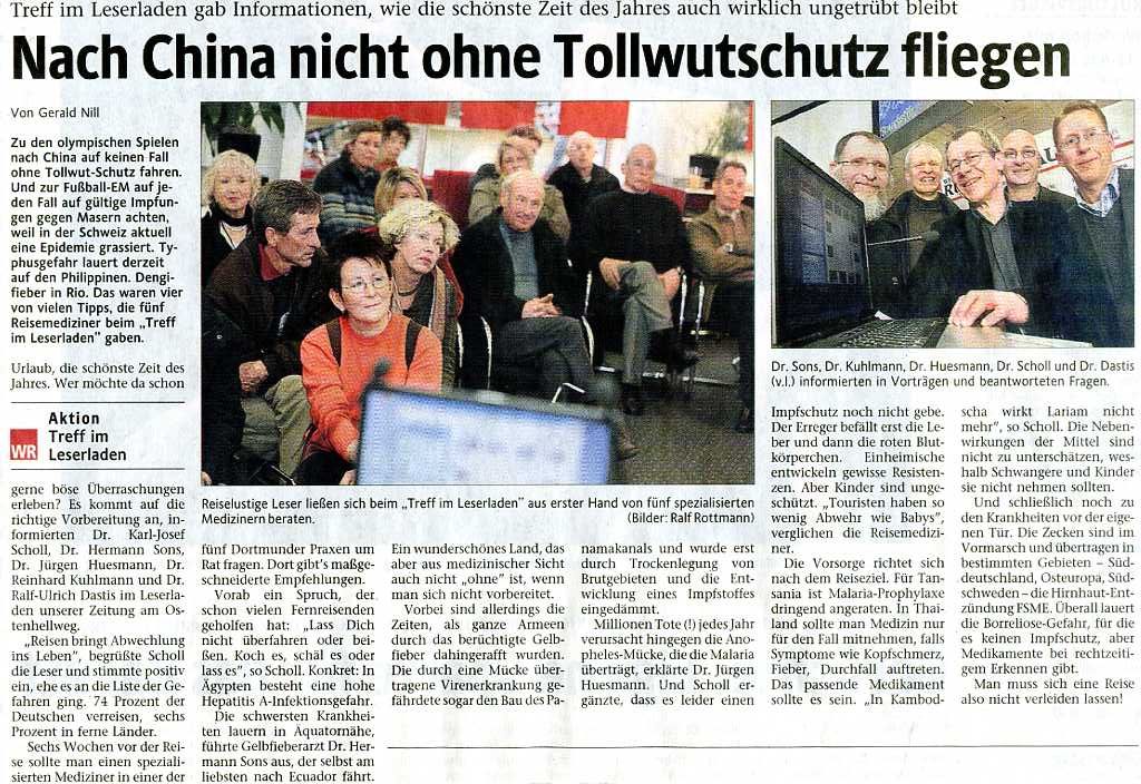Bericht über Reisemedizin-Vorträge am 10. April 2008 im Leserladen der Westfälischen Rundschau (WR) und der Westdeutschen Allgemeinen Zeitung (WAZ) vom 12. April 2008