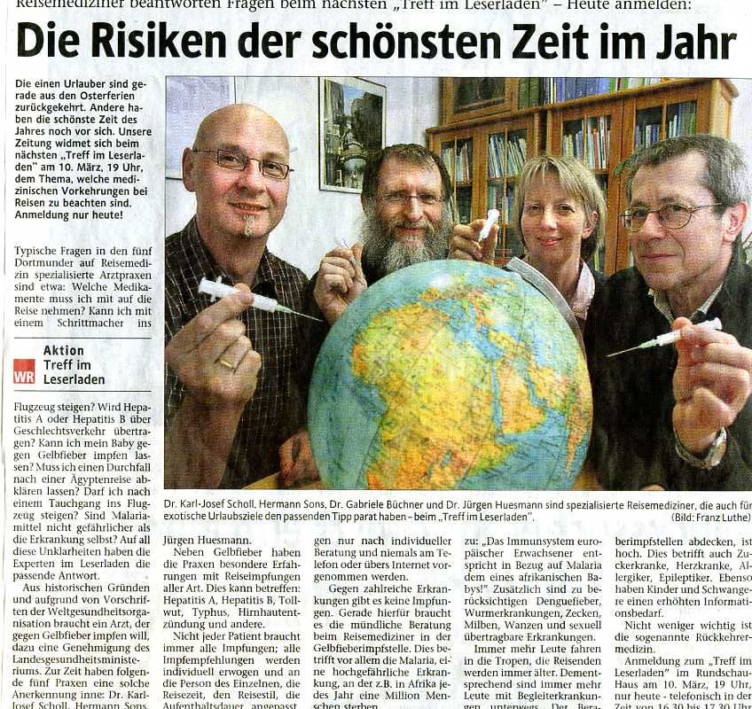 Vortrag am 10. April 2008 über Reisemedizin mit Ankündigung in der Westfälischen Rundschau (WR) und der Westdeutschen Allgemeinen Zeitung (WAZ) vom 03. April 2008